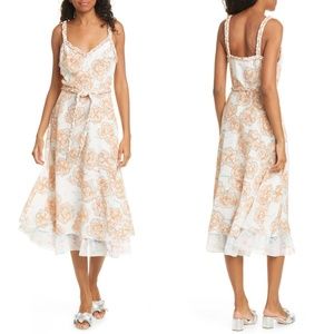 DYVNA Chacha PEACH Floral OVERLAY Braided Strap SILK Midi DRESS 16 (No belt)